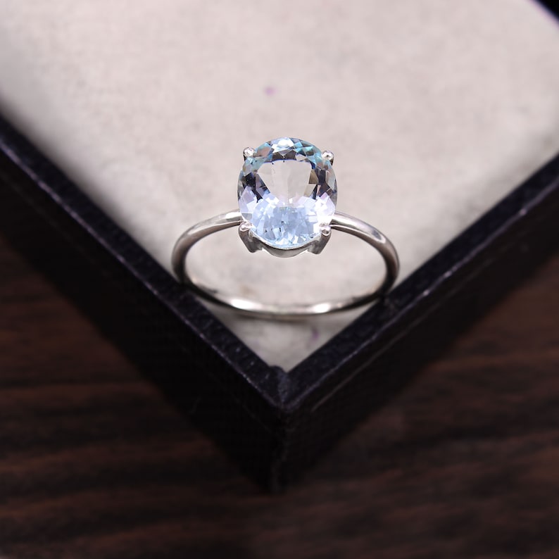 Blue Aquamarine Ring Natural Aquamarine March Birthstone Ring Anniversary Ring Solitaire Ring Aquamarine Ring Silver Ring