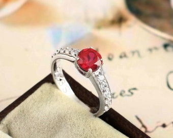 Lab Ruby Ring, Sterling Silver, Oval Cut Red Gemstone, July Birthstone, Vintage Promise Ring