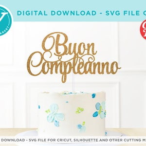 May include: Gold glitter cake topper with the text "Buon Compleanno" which is Italian for "Happy Birthday".