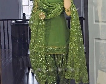 Parrot Green Georgette Embroidery Sequence Punjabi Dhoti Salwar Suit