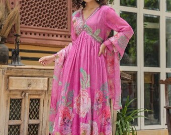 Pink Alia Cut Cotton Handwork Salwar Suit Set