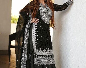 Designer Black Faux Georgette Heavy Work Gharara Suit Set