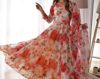 Orange Floral Printed Organza Gown With Dupatta Set Of 2