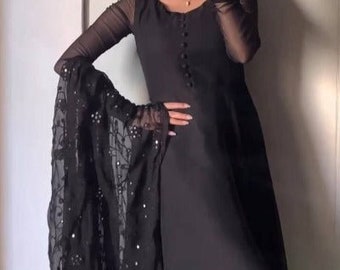 Black Faux Georgette Umbrella Flair Anarkali Gown Suit Set