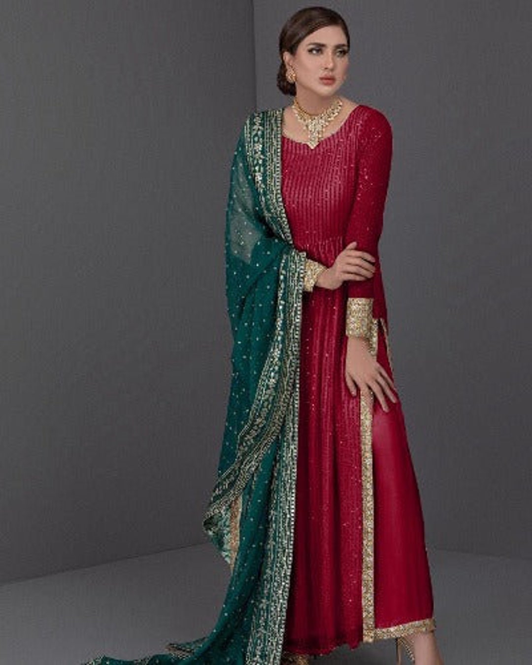 RED GOLD EMBROIDERED ANARKALI SET main image 1