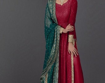 Red Anarkali Gold Embroidery Gown Set of 3