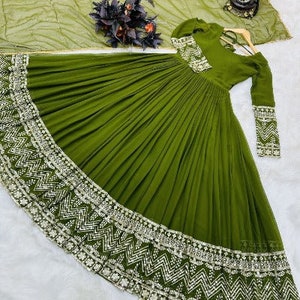 Olive Green Georgette Anarkali Gown With Dupatta Set Of 2