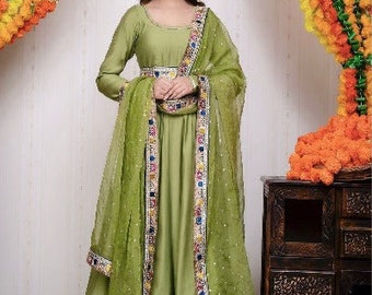 Pista Green Chinon Silk Embroidered Anarkali Gown Set