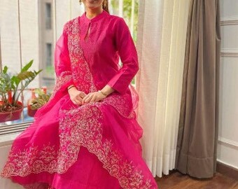 Pink Silk Cotton Salwar Suit with Organza Dupatta