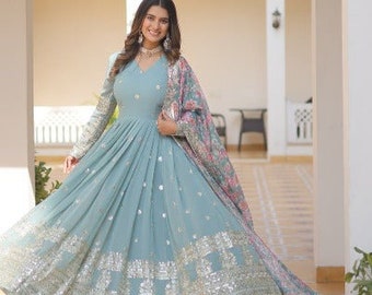 Powder Blue With Floral Dupatta Georgette Gown Set Of 2