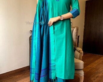 Sea Green Blue Handloom South Cotton Salwar Suit Set