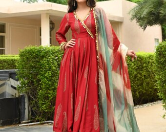 Red Gottwork Anarkali Flared Salwar Suit Dupatta