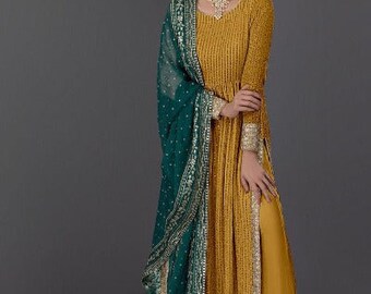 Mustard Anarkali Gold Embroidery Gown Set of 3