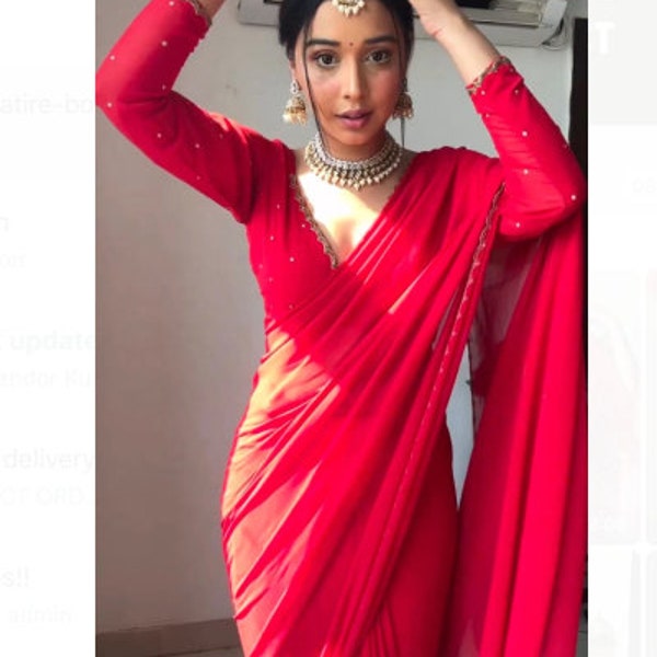 One Minute Saree Plain Red Ready to Wear Sari