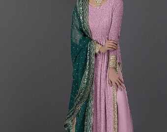 Lilac Anarkali Gold Embroidery Gown Set of 3