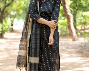 Black Cotton Ethnic Handloom Readymade Suit