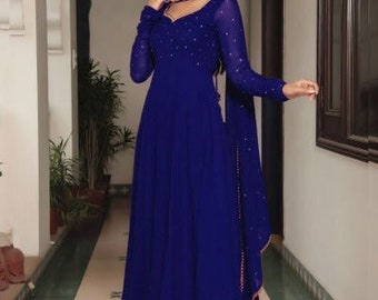 Royal Blue Georgette Long Anarkali Dupatta Set