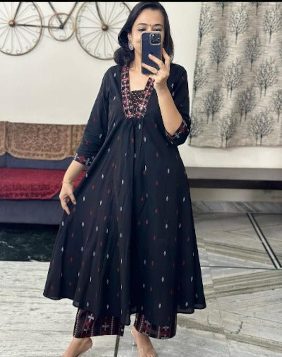 Black Ikkat Cotton Kurti Palazzo Set Etsy