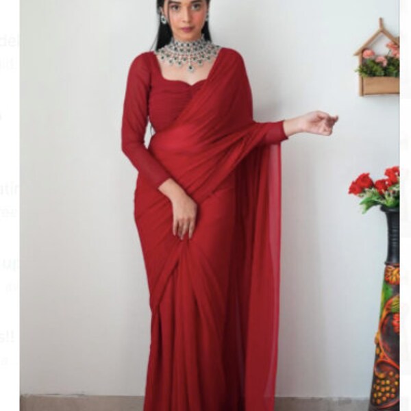 Plain Red 1 Min Saree Georgette Ready to Wear Sari+ Stitch Blouse