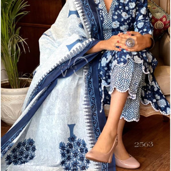 Indigo Lace Cotton Blue Striaght Salwar Suit