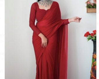 Red Color Saree Sari With Stitched Blouse Ready to Wear Indian Designer ...