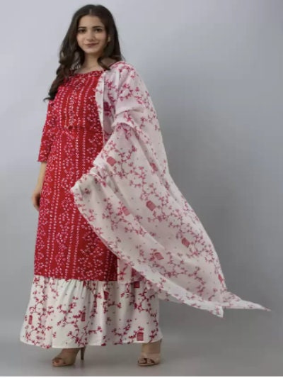 Red White Salwar Kameez Dupatta 3 Pcs 