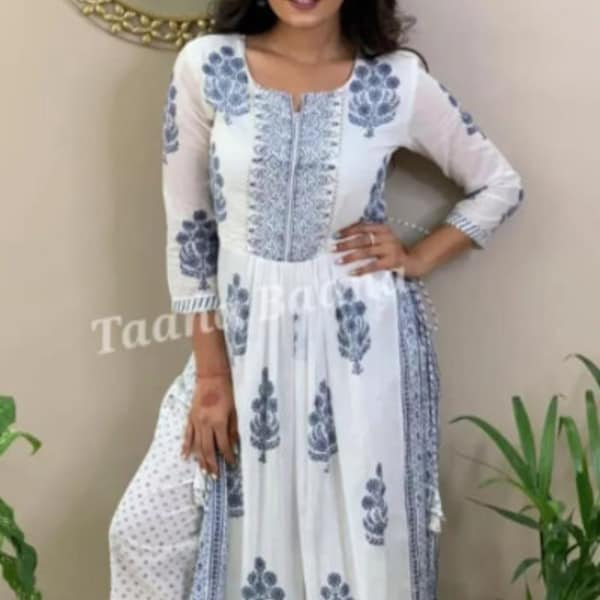 White Blue Long Cotton Kurti Pant Set of 2,,indian wear,pakistani suit,indian clothing,wedding outfit for women,shalwar kameez suit
