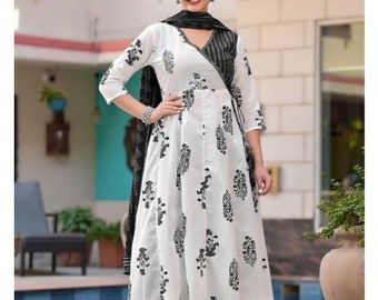 Black Cotton Angarakha Kurta, Pant with Dupatta Set of 3