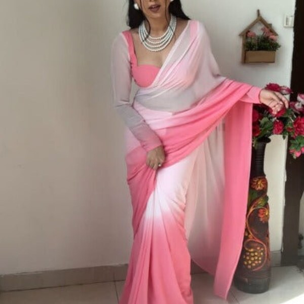 1 Min Ready to Wear Pink White Stitched Saree