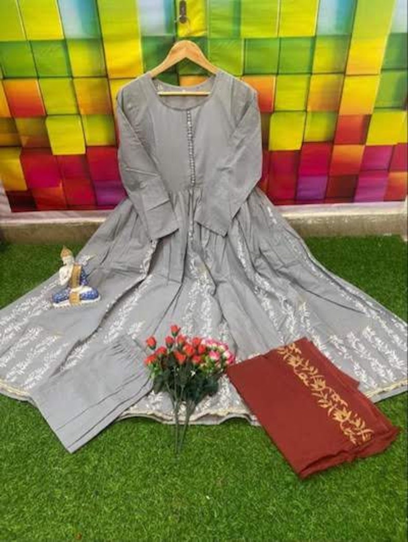 Grey Red Salwar Kameez Dupatta Readymade Suit
