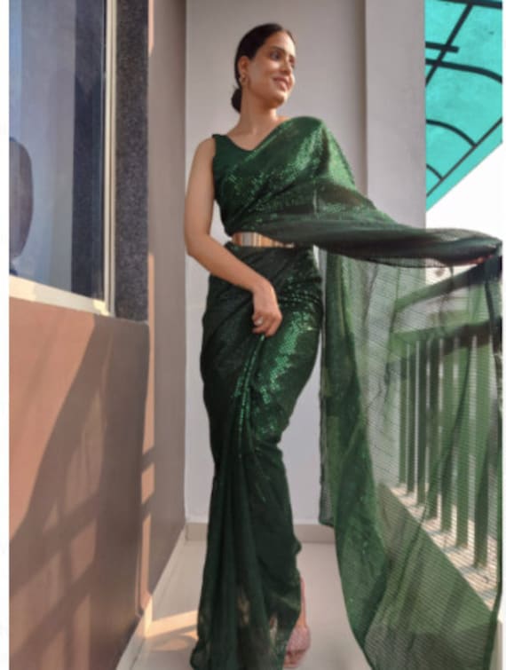 1 Min Sequin Saree green One Minute Ready to Wear Sari stitched