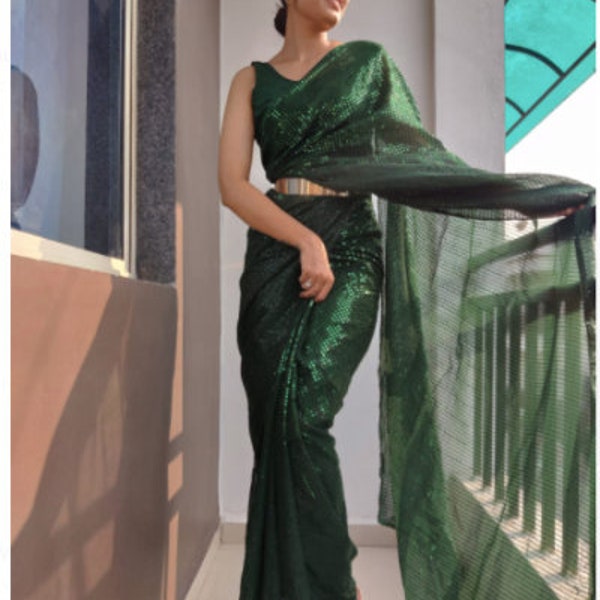 1 Min Sequin Saree,Green One Minute Ready to wear Sari,Stitched Pleats Saree with belt,ready to wear saree,indian pakistani wedding