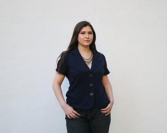 Collared Button-Up Blouse : Navy Blue Blouse