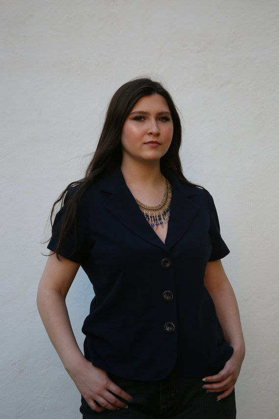 Collared Button-Up Blouse : Navy Blue Blouse - image 2