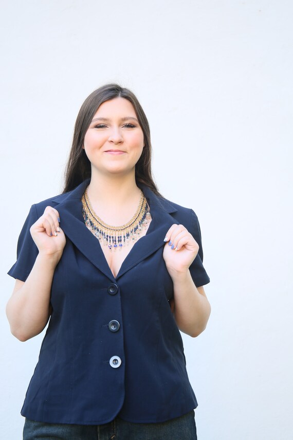 Collared Button-Up Blouse : Navy Blue Blouse - image 5