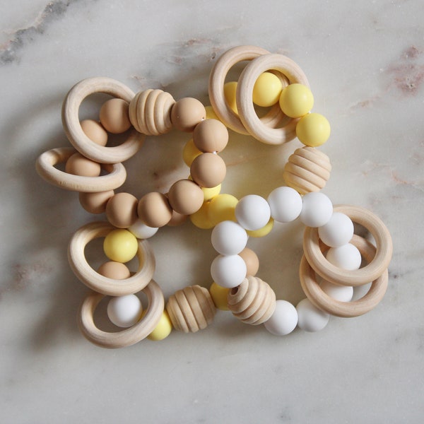Natural Bee Silicone + Wood Baby & Toddler Ring | Bracelet | Rattle | Toy