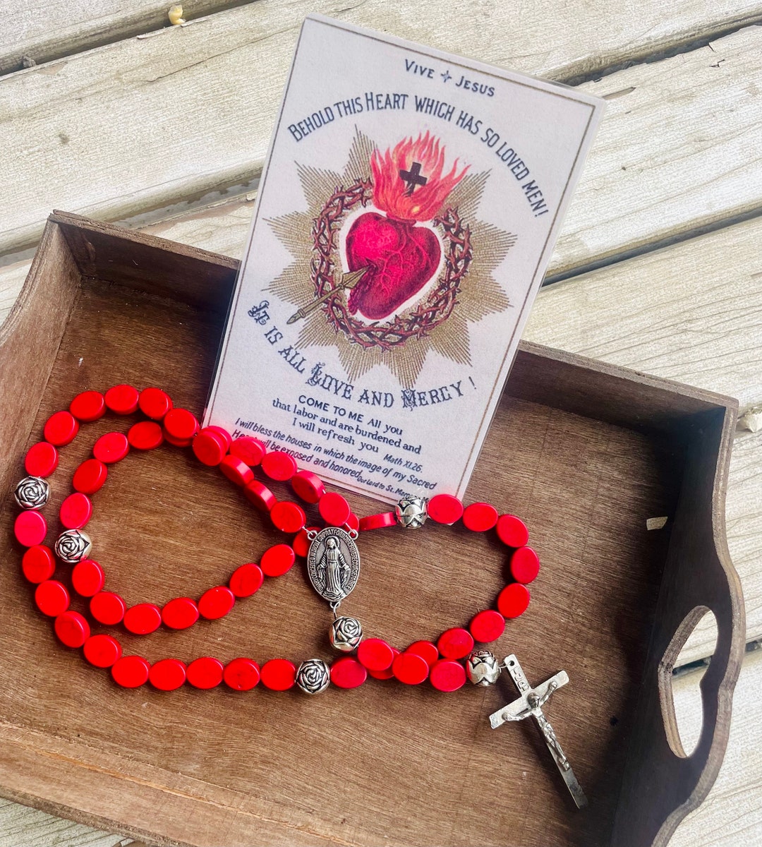Sacred Heart of Jesus Rosary | Red Flat Beads | Silver Medals | Blood ...