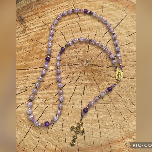 Beaded Rosary / Purple / Glass Beads / Circular Beads / Gold Crucifix / Holy Mary Mother of God / Deep Violet / Sparkly Beads