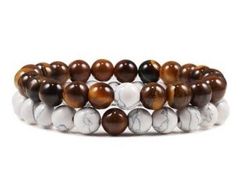 Bracelet White and Tiger Eye Natural Stone Beaded Handmade Sets