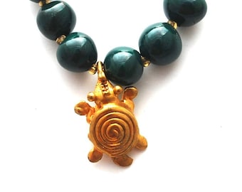 Vintage Turtle Pre-Columbian Necklace - 24k gold glaze accent beads!