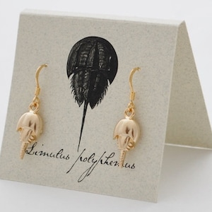 Puede incluir: Pendientes de oro en forma de herradura con un colgante en forma de herradura. Los pendientes están en una tarjeta con una ilustración en blanco y negro de un cangrejo herradura y el texto "Limulus polyphemus".