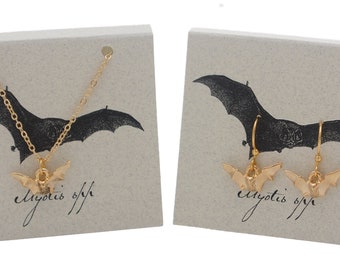 Bat Dangle Earrings and Necklace SET - 14k gold plate 2 pieces!