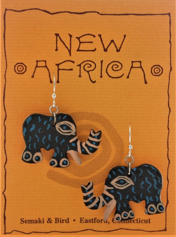 Vintage African Handpainted Elephant Dangle Earrin