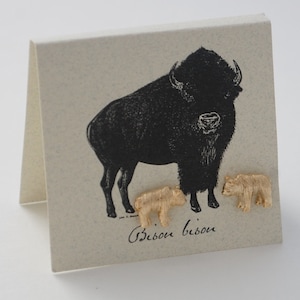 May include: A card with a black and white illustration of a bison and a calf. The text "Bison bison" is written below the image. Two gold-colored bison figurines are placed on the card.