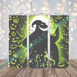 May include: Three stainless steel tumblers with a black and green design featuring a silhouette of the character Jack Skellington from the movie The Nightmare Before Christmas. The design includes a full moon, bats, and jack-o-lanterns.