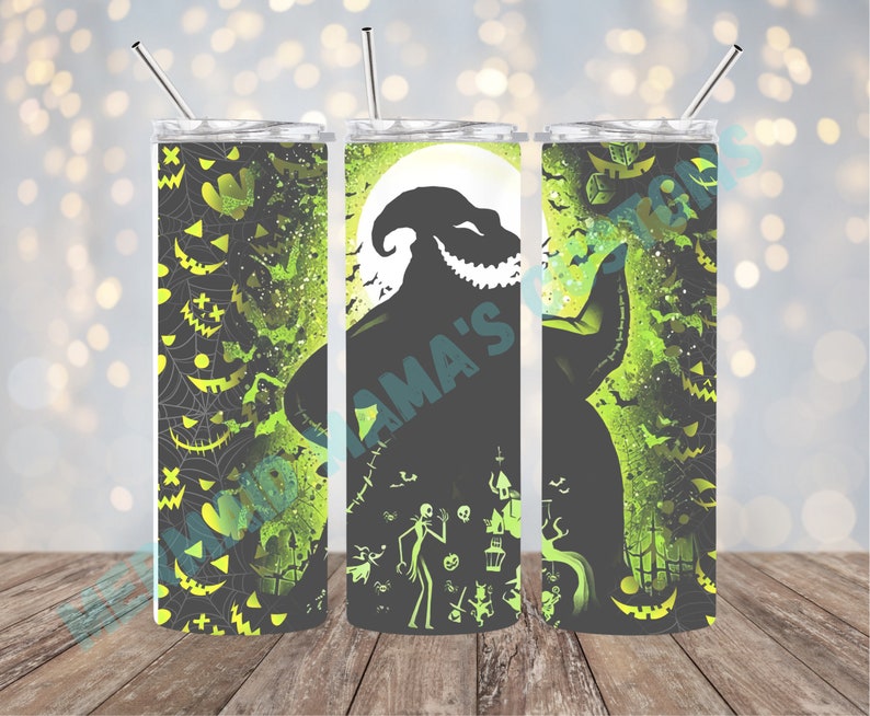 May include: Three stainless steel tumblers with a black and green design featuring a silhouette of the character Jack Skellington from the movie The Nightmare Before Christmas. The design includes a full moon, bats, and jack-o-lanterns.