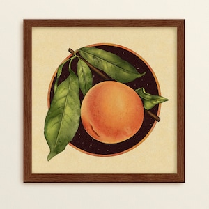May include: A watercolor illustration of a peach with green leaves against a dark background with white speckles. The peach is depicted in a realistic style with a soft, peachy color and a slight blush.