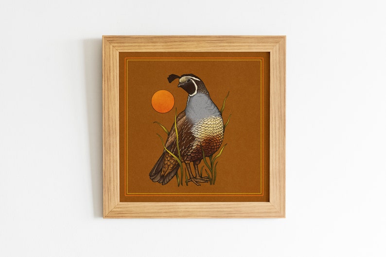 May include: A framed illustration of a quail with a brown, gray, and white patterned body. The quail is standing in a field of green grass with a large orange sun behind it. The background is a brown color.