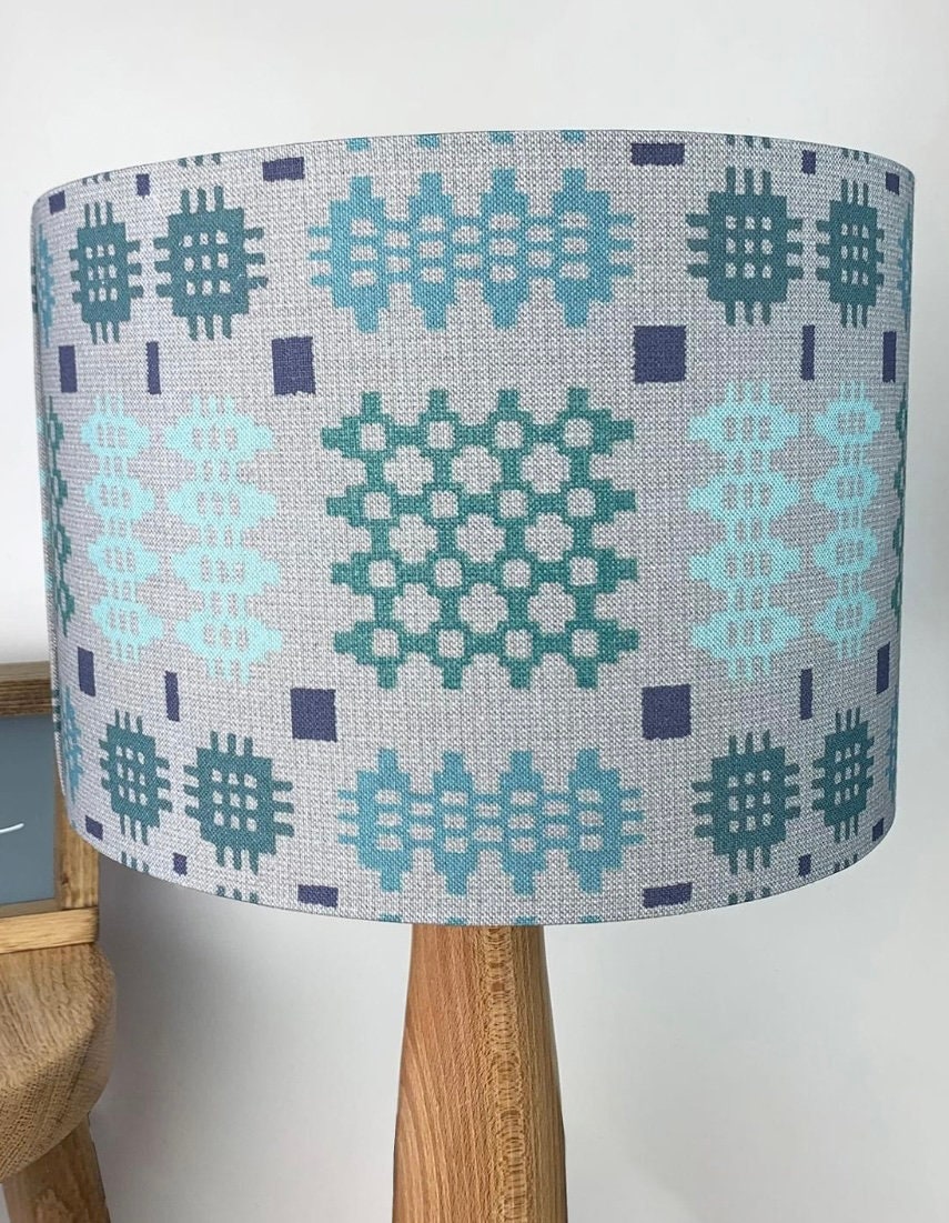 Welsh Blanket Tapestry Grey / Aqua Lampshade 20cms Etsy UK