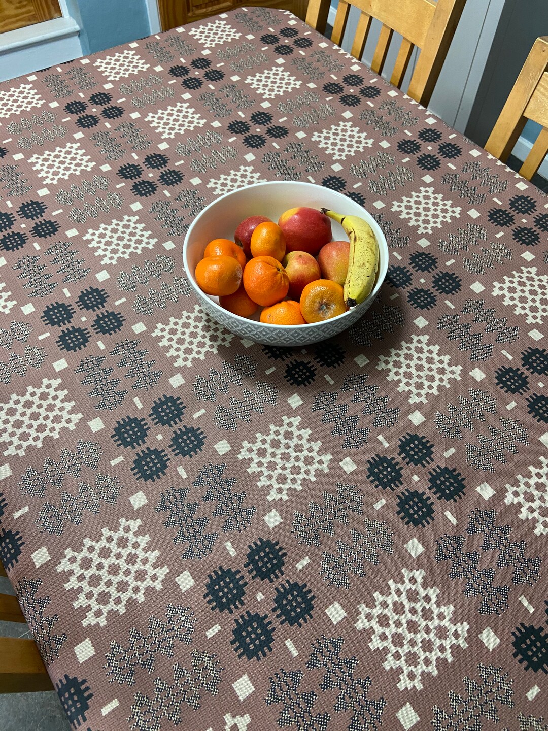 Welsh Blanket Tapestry Oilcloth Tablecloth Dusky Pink / Llian Bwrdd